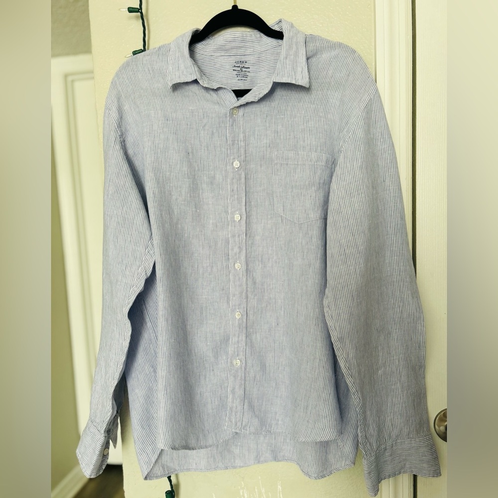 J. Crew Irish Linen Baird McNutt Slim Fit Blue White Striped Button Up Shirt XL